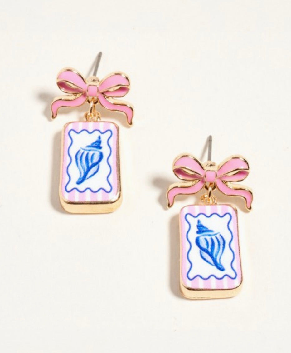Pink Bow Shell Drop Earrings