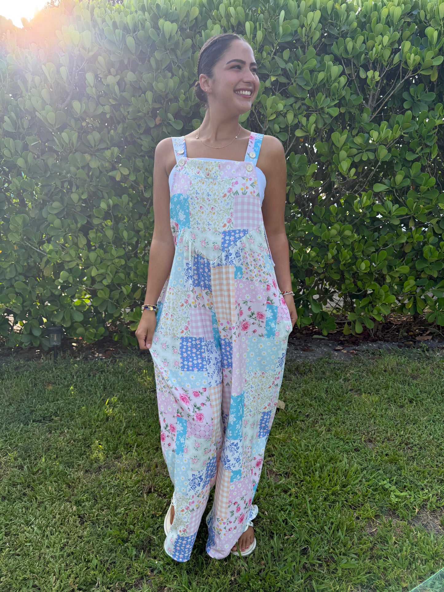 Floral patchwork wide leg bib overalls