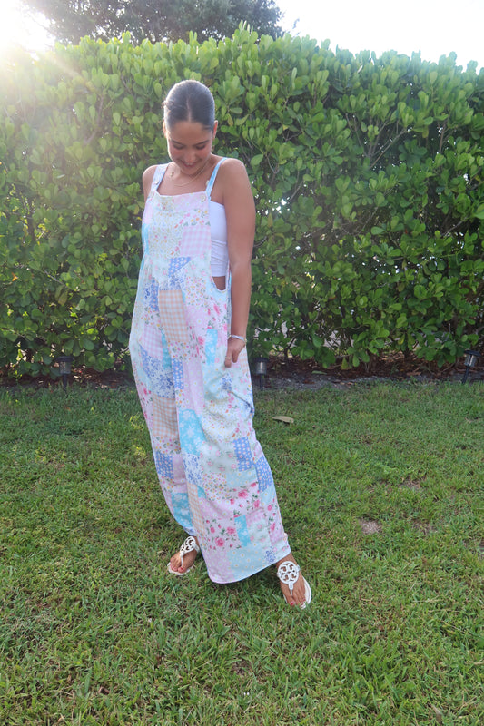 Floral patchwork wide leg bib overalls