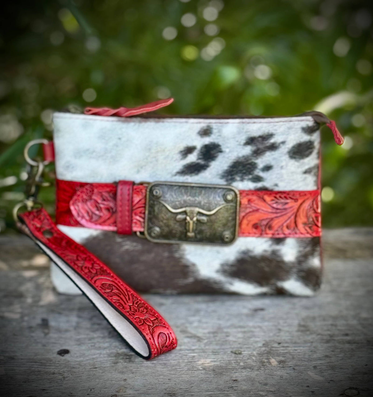 Cowhide Red Leather Wristlet Wallet Lippy Bag Western