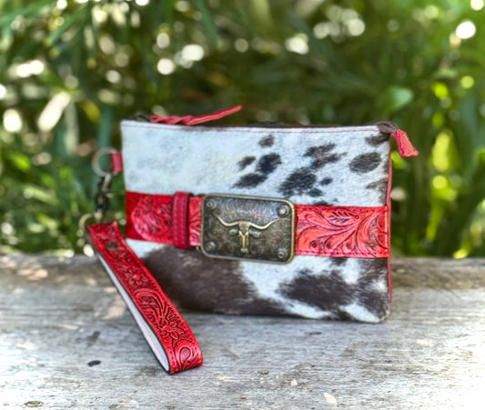 Cowhide Red Leather Wristlet Wallet Lippy Bag Western