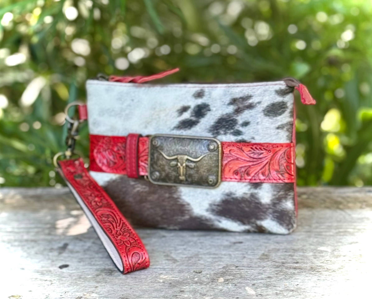 Cowhide Red Leather Wristlet Wallet Lippy Bag Western