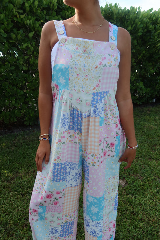 Floral patchwork wide leg bib overalls