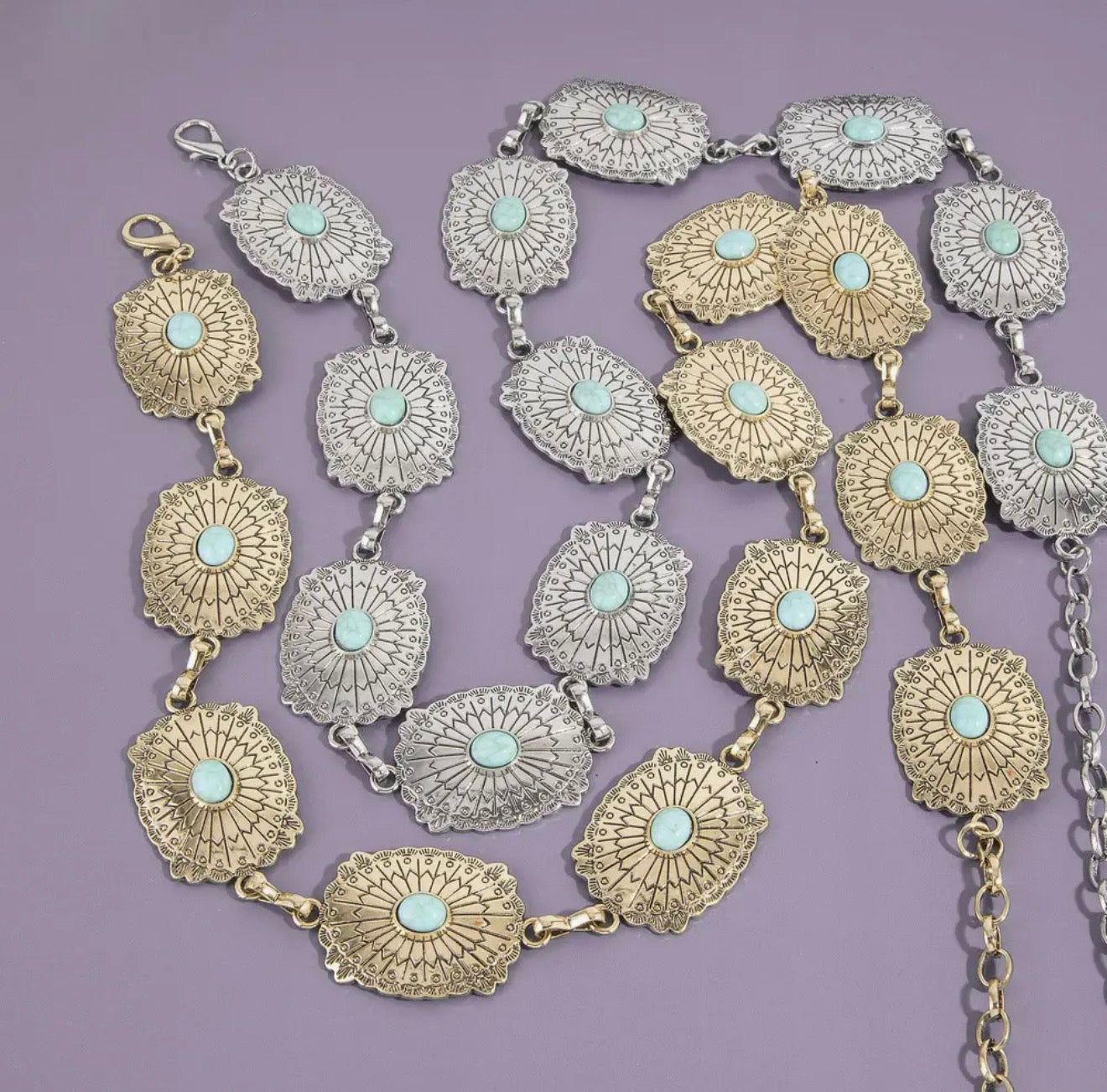 Western Concho Chain Belt with Turquoise Stone