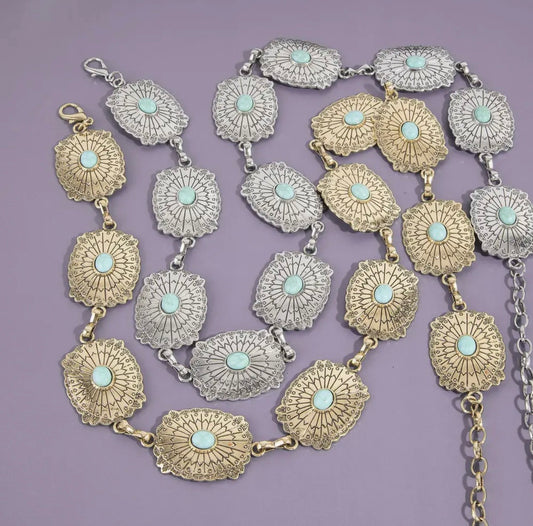 Western Concho Chain Belt with Turquoise Stone