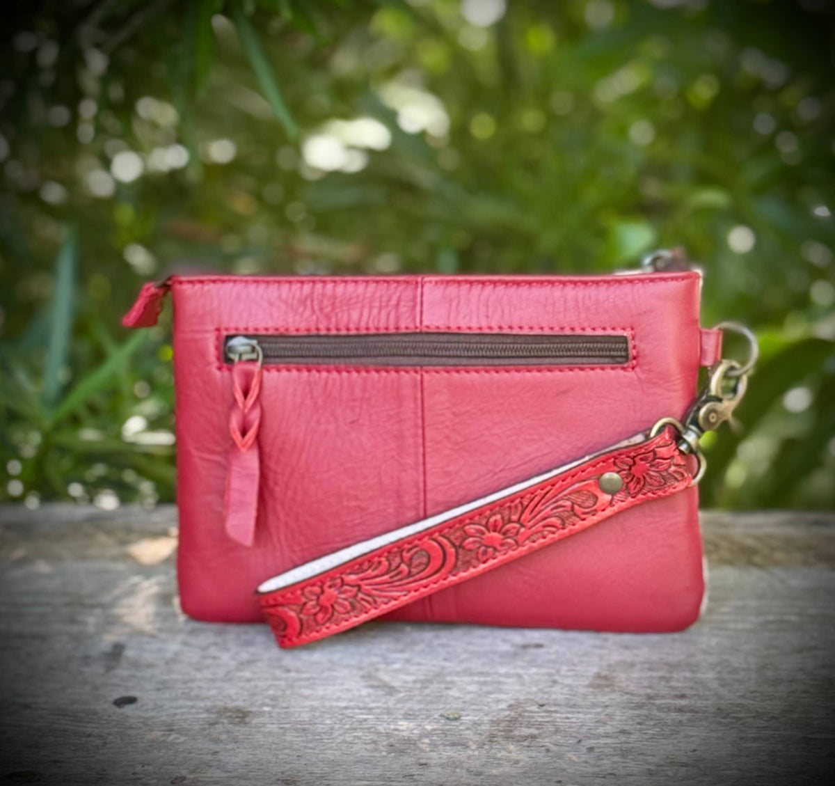 Cowhide Red Leather Wristlet Wallet Lippy Bag Western